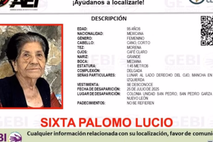Mujer de 95 años desaparece en San Pedro, buscan localizarla